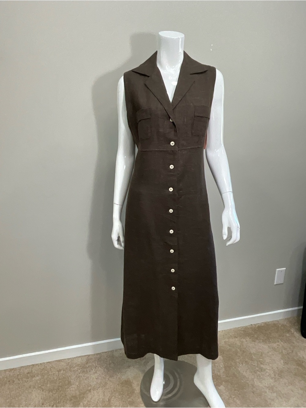 HARVE BENARD Chocolate Brown Sleeveless Button-Front Midi Dress Size M